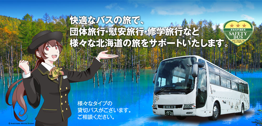 様々なタイプの貸切バスがございます。ご相談ください。快適なバスの旅で、団体旅行・慰安旅行・修学旅行など様々な北海道の旅をサポートいたします。